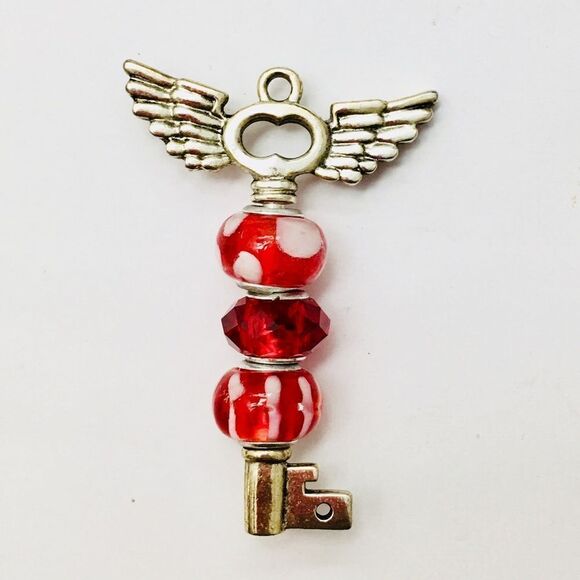 European Beads Key Wings Charm Necklace or Keychain Pendant red silver 1027 - Picture 2 of 4